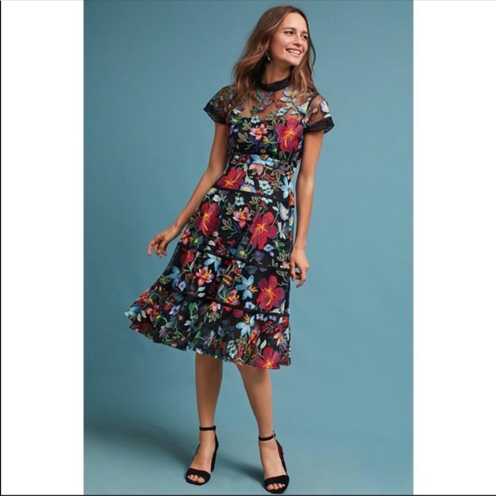 VONE for Anthropologie gorgeous black with colorful embroidery long tiered dress